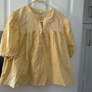 Boden smocked short sleeve blouse yellow gingham US 20-22. UK 22. EUC.